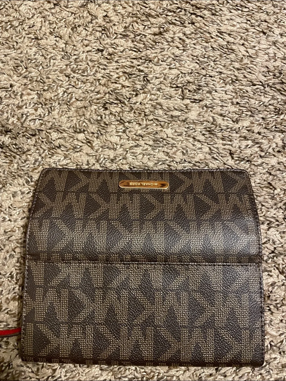 Michael Kors Brown MK Logo Continental Wallet with Red Trim